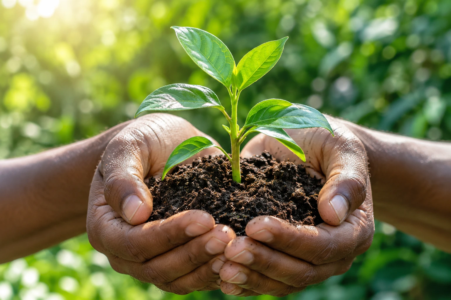 Illustrative hands nurturing a green seedling